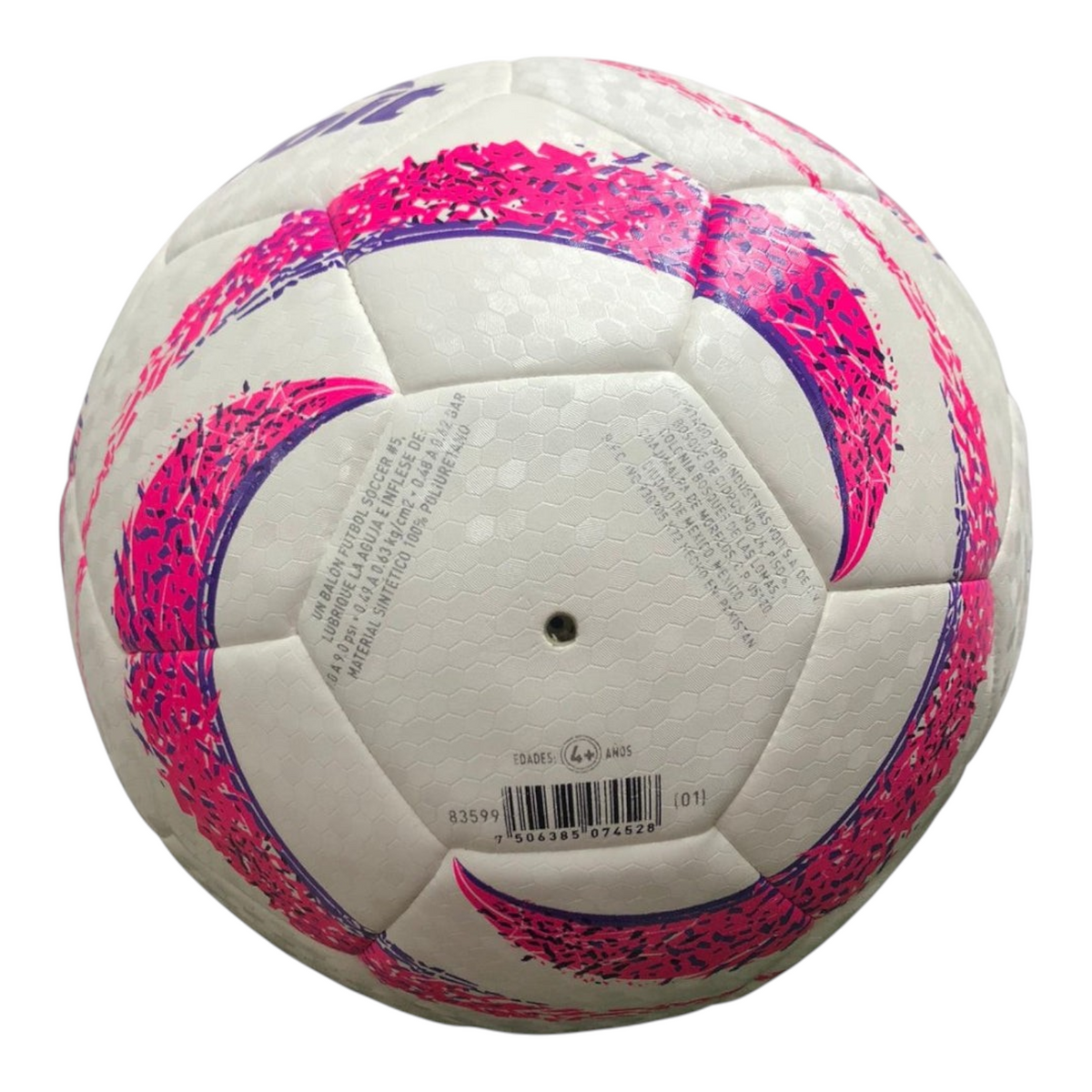 Balón de fútbol Radach Sports Voit Tempest SS300 híbrido tamaño 5 en color blanco con gráficos rosas y morados