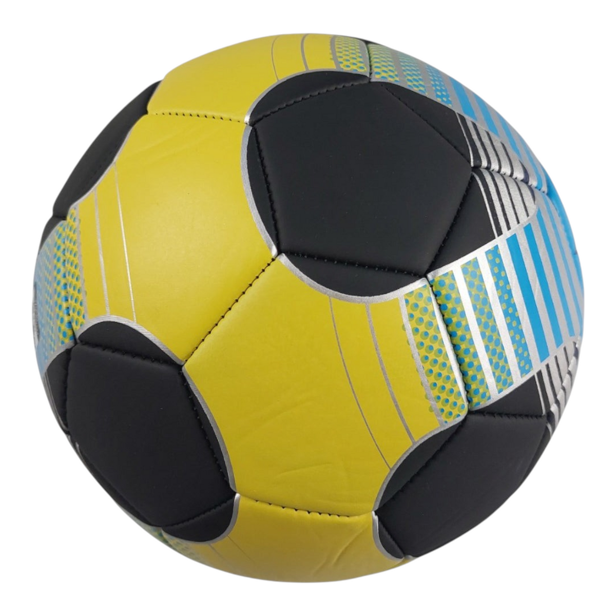 Balón de fútbol Radach Sports Voit Vibrant Mix número 5 con diseño geométrico en amarillo, negro y azul