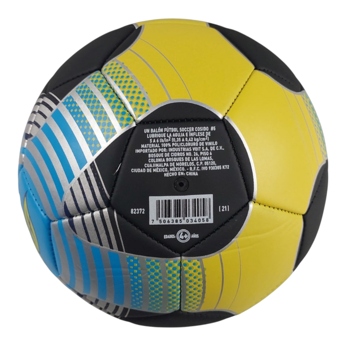 Balón de fútbol Radach Sports Voit Vibrant Mix número 5 con diseño geométrico en amarillo, negro y azul metálico.