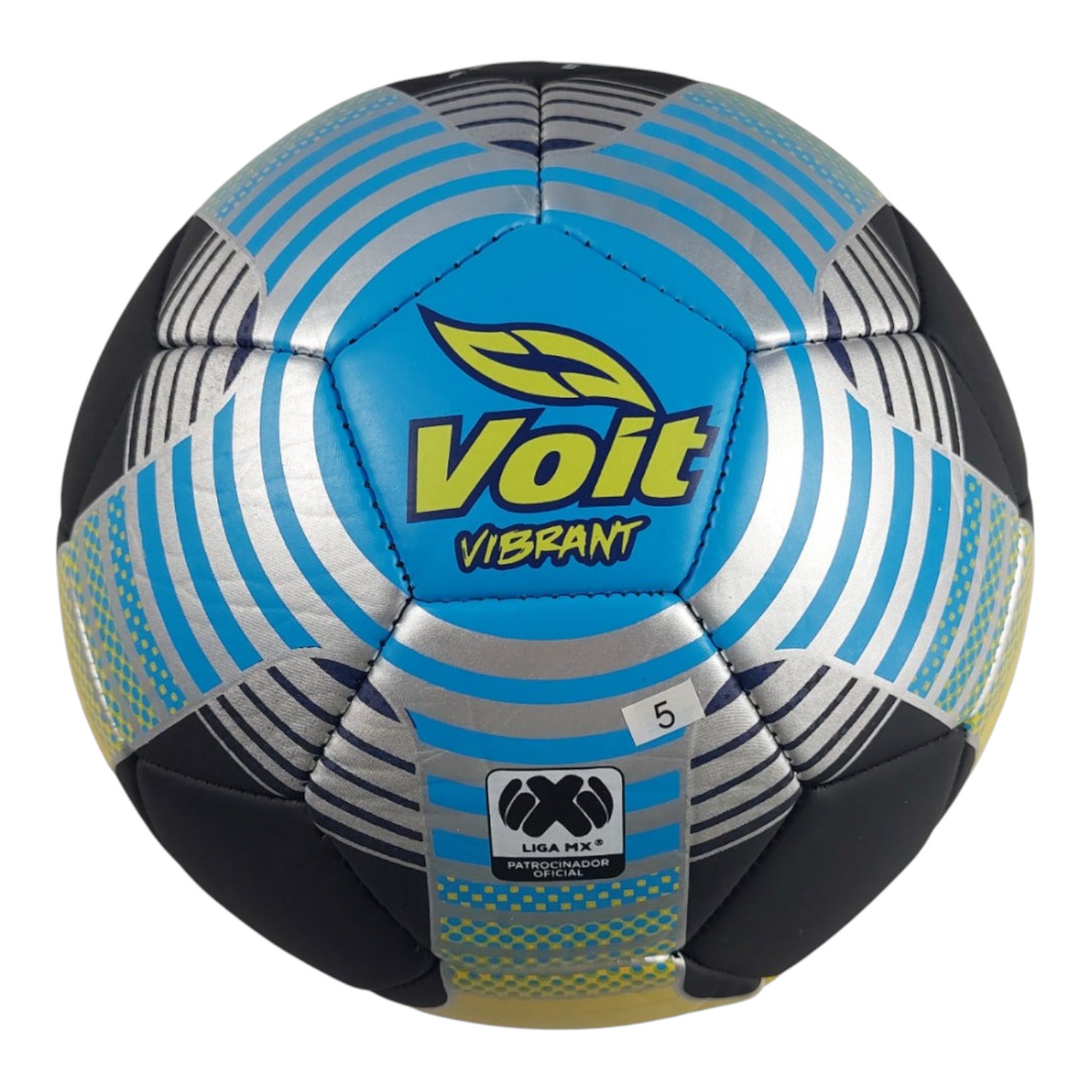 Balón de fútbol Radach Sports Voit Vibrant número 5 con diseño gráfico en azul, plata y negro y logo de Liga MX