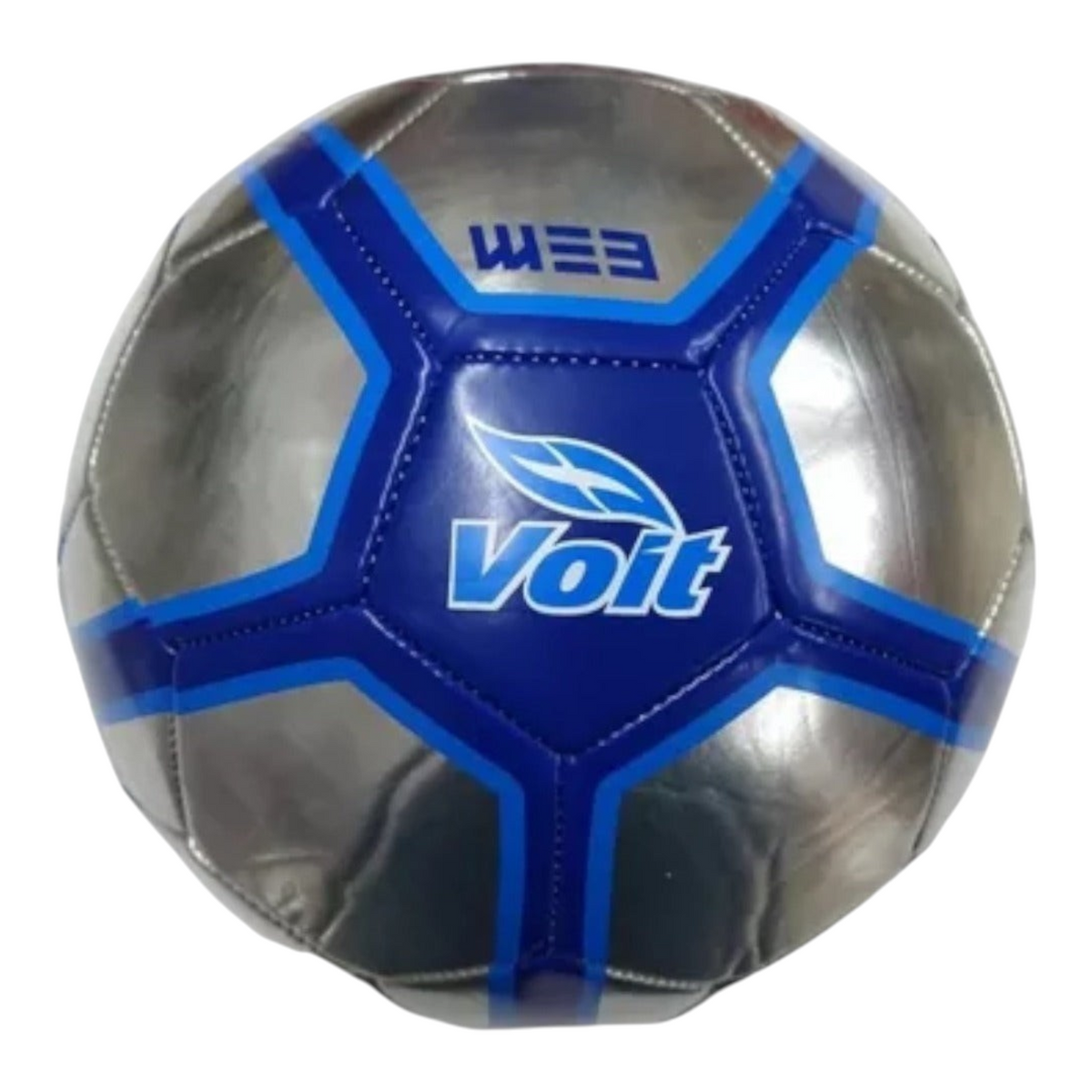 Balón de fútbol Radach Sports Voit Web número 4 en color plata con detalles en azul, diseño oficial y resistente.