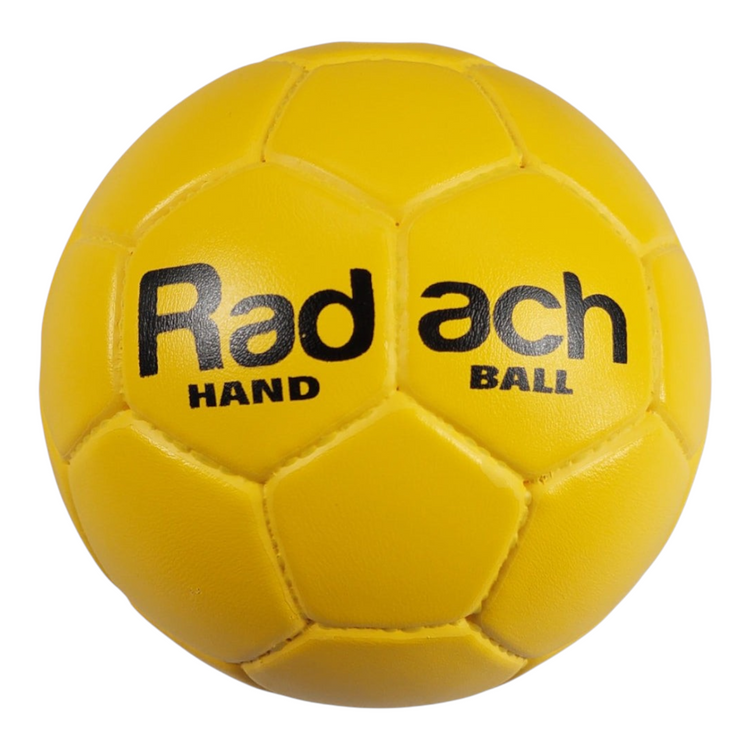 Balón de handball Radach Sports número 3 de color amarillo con logotipo negro y construcción de paneles cosidos