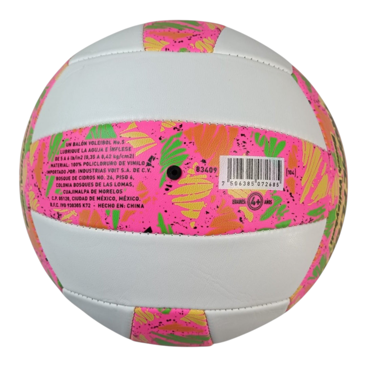Balón de voleibol Radach Sports Voit Tropic Flight rosa y blanco, tamaño 5 con diseño tropical y material resistente.
