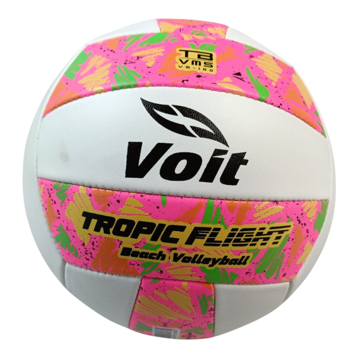 Balón de voleibol Radach Sports Voit Tropic Flight VS100 tamaño 5 en color blanco con estampado tropical rosa y verde