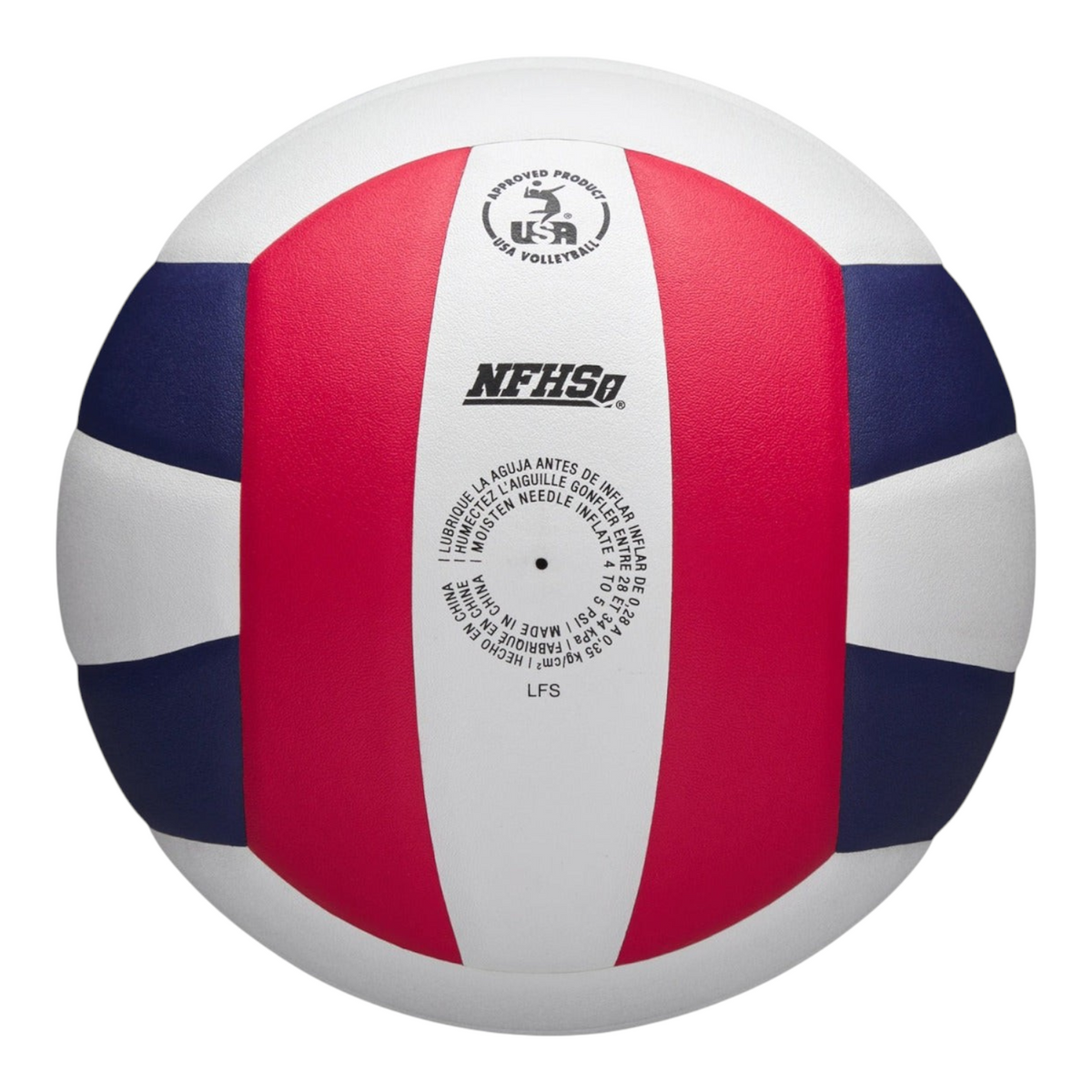 Balón de voleibol Wilson Thrive Premium de Radach Sports con diseño tricolor en blanco, rojo y azul para interiores.