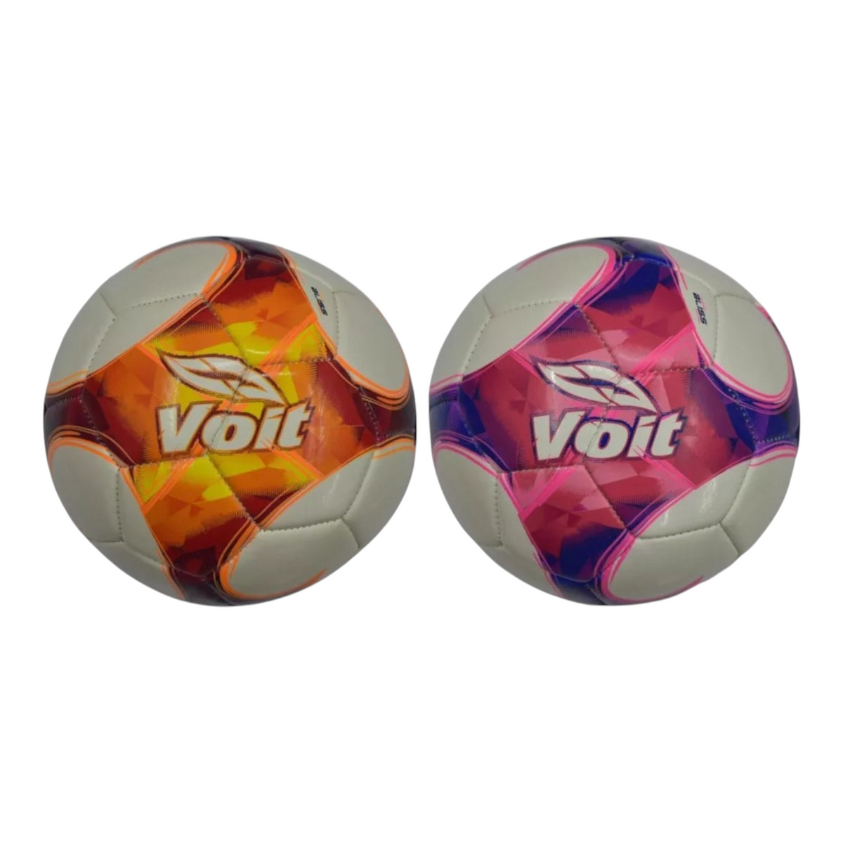 Dos balones de fútbol Radach Sports Voit Bliss tamaño 2 en colores naranja y rosa con diseño geométrico