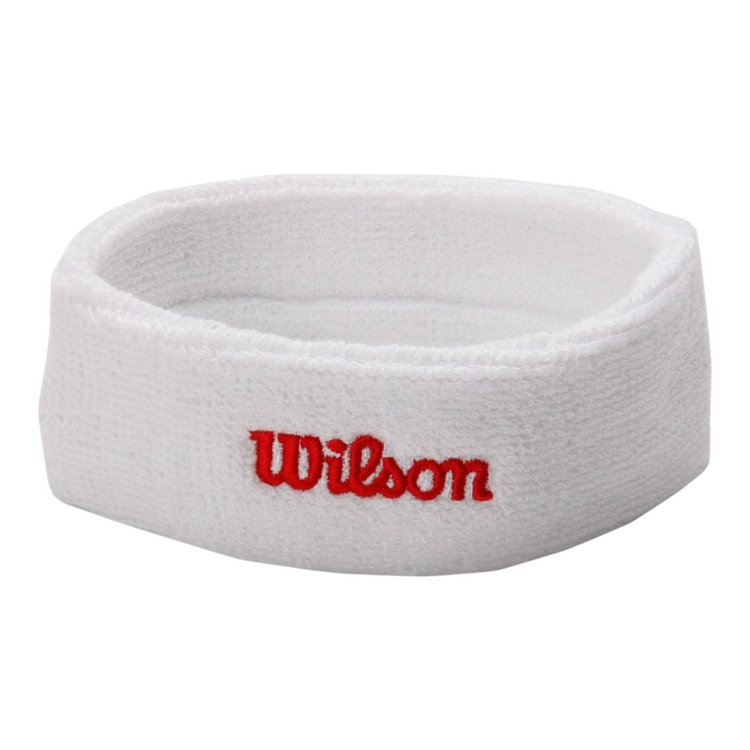 Bandana deportiva blanca Radach Sports de algodón absorbente con el logotipo de Wilson bordado en rojo