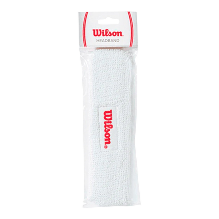 Bandana deportiva blanca Wilson de Radach Sports en su empaque original, hecha de algodón absorbente y elástico.