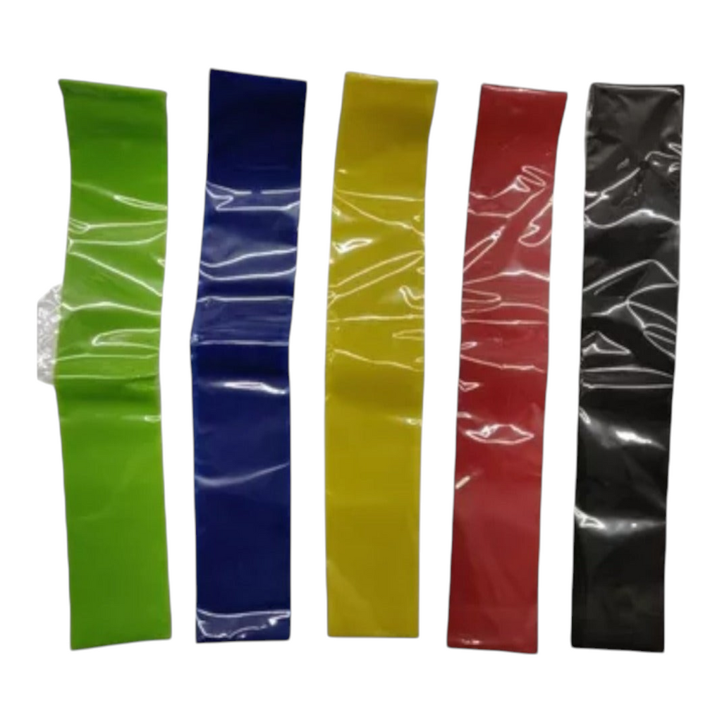 Set de 5 bandas de resistencia Radach Sports en colores verde, azul, amarillo, rojo y negro para entrenamiento