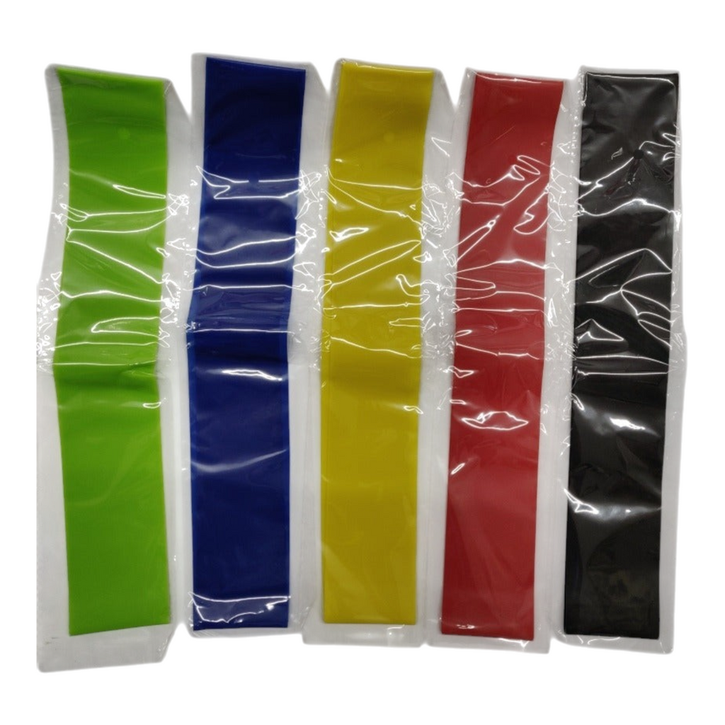 Set de 5 bandas de resistencia Radach Sports en colores verde, azul, amarillo, rojo y negro en empaque individual