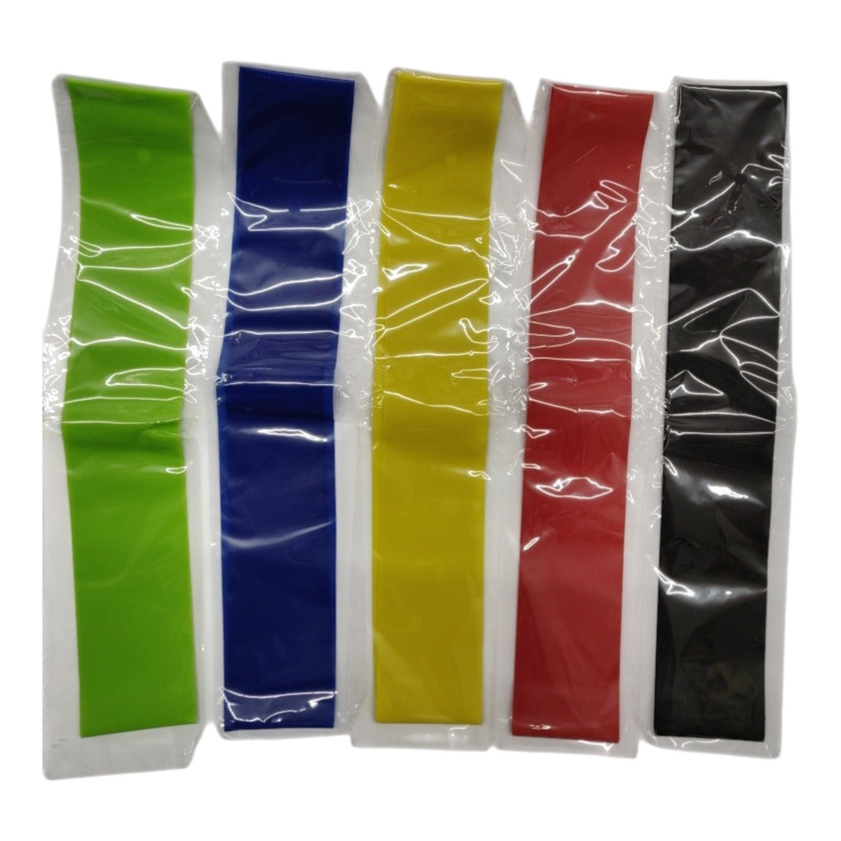Set de 5 bandas de resistencia Radach Sports en colores verde, azul, amarillo, rojo y negro en empaque individual