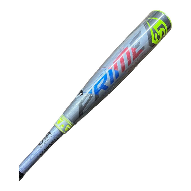 Bat de beisbol Radach Sports Louisville Prime 919 USA de 29 pulgadas con barril plateado, detalles en neon y azul