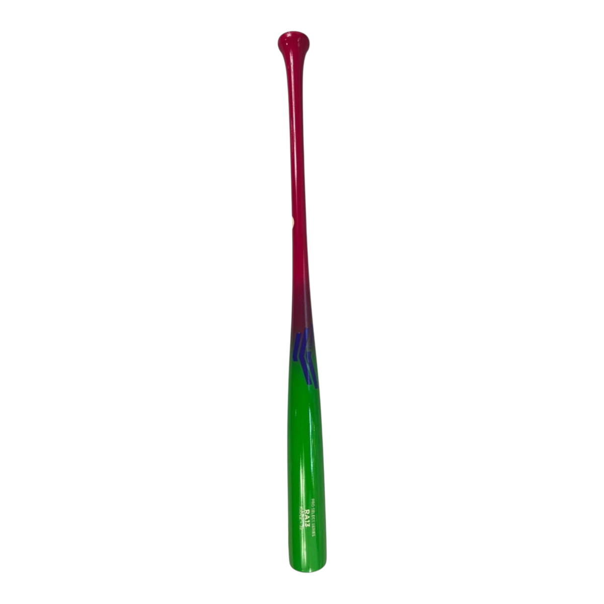 Bat de béisbol Radach Sports Pro Select Series RA13 de madera maple con diseño degradado en rojo, púrpura y verde neón.