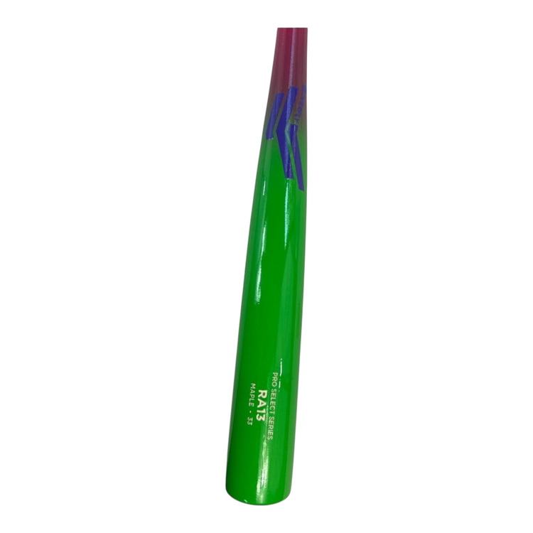 Bat de béisbol Radach Sports Pro Select Series RA13 de madera maple en color verde neón con detalles en púrpura