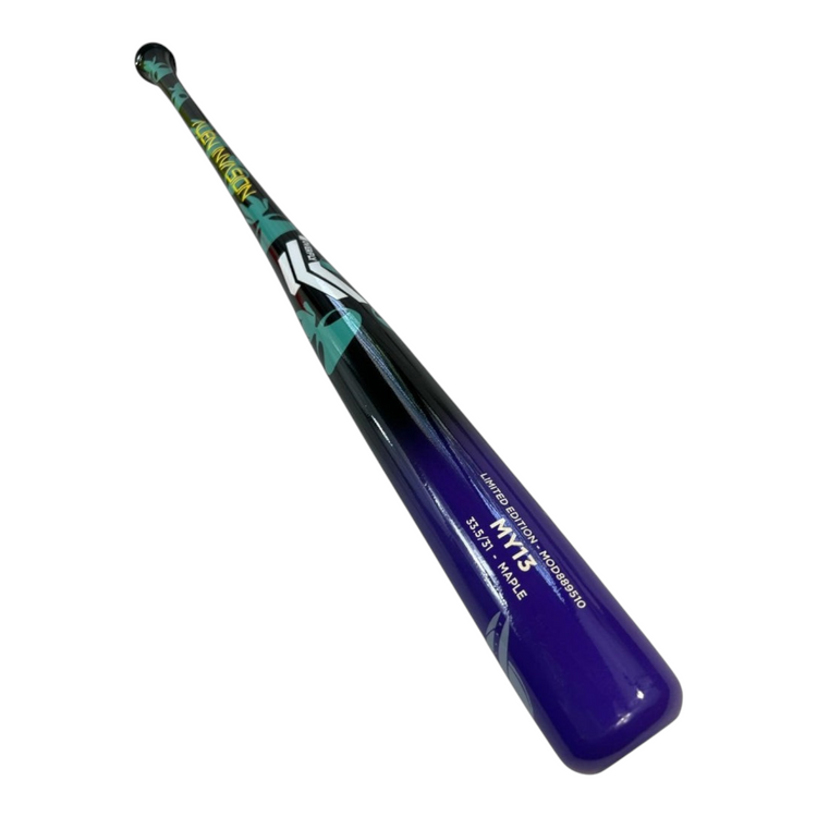 Bat de beisbol Radach Sports Overfly MY13 Pro Elite de madera maple, diseño Alien Invasion en negro, púrpura y aqua.