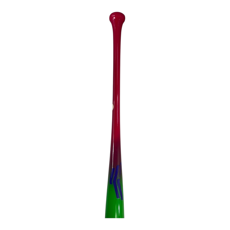 Bat de béisbol Radach Sports Pro Select Series RA13 de madera maple con degradado en rojo, púrpura y verde neón.