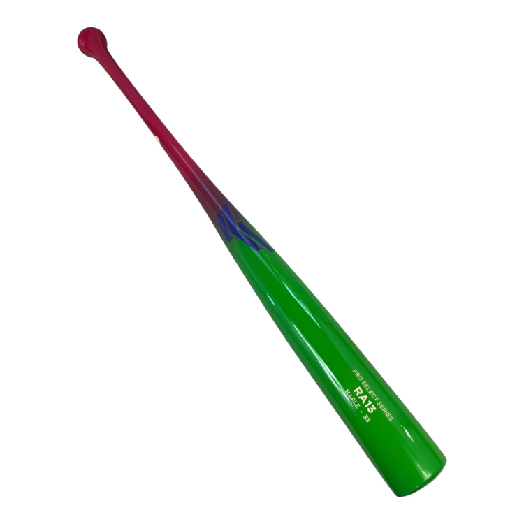 Bat de béisbol Radach Sports Pro Select Series RA13 de madera de maple, con diseño degradado en rojo, púrpura y verde.