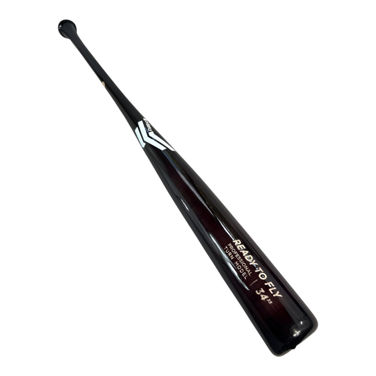 Bat de béisbol profesional Radach Sports Overfly de madera, color negro brillante con detalles caoba y grabado.
