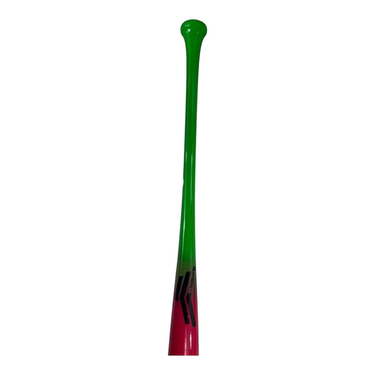 Bat de beisbol Radach Sports Overfly RA13 de madera maple, diseño degradado en verde neón y rosa eléctrico.