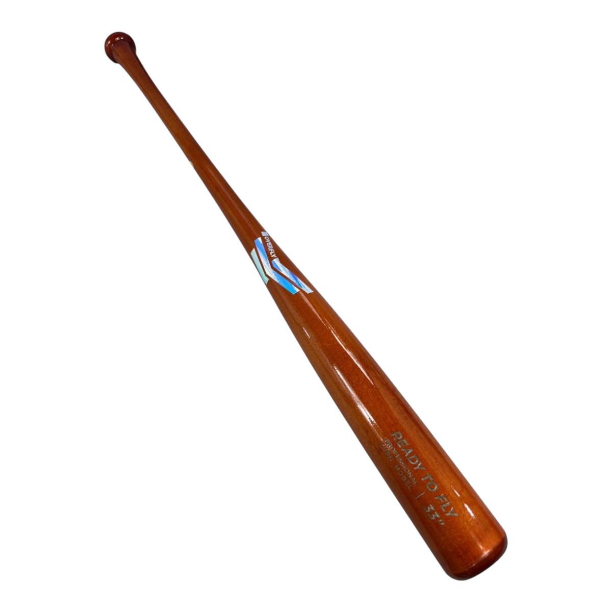 Bat de béisbol profesional Radach Sports Overfly de 33 pulgadas en madera barnizada con logotipo azul iridiscente
