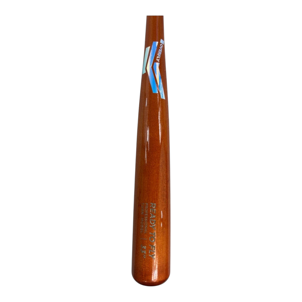 Bat de béisbol profesional Radach Sports Overfly de 33 pulgadas en madera barnizada con logo azul iridiscente
