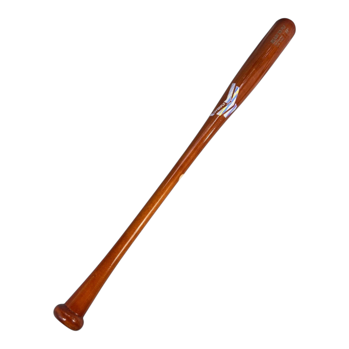 Bat de béisbol profesional Radach Sports Overfly de 33 pulgadas en madera barnizada con logotipo azul iridiscente.