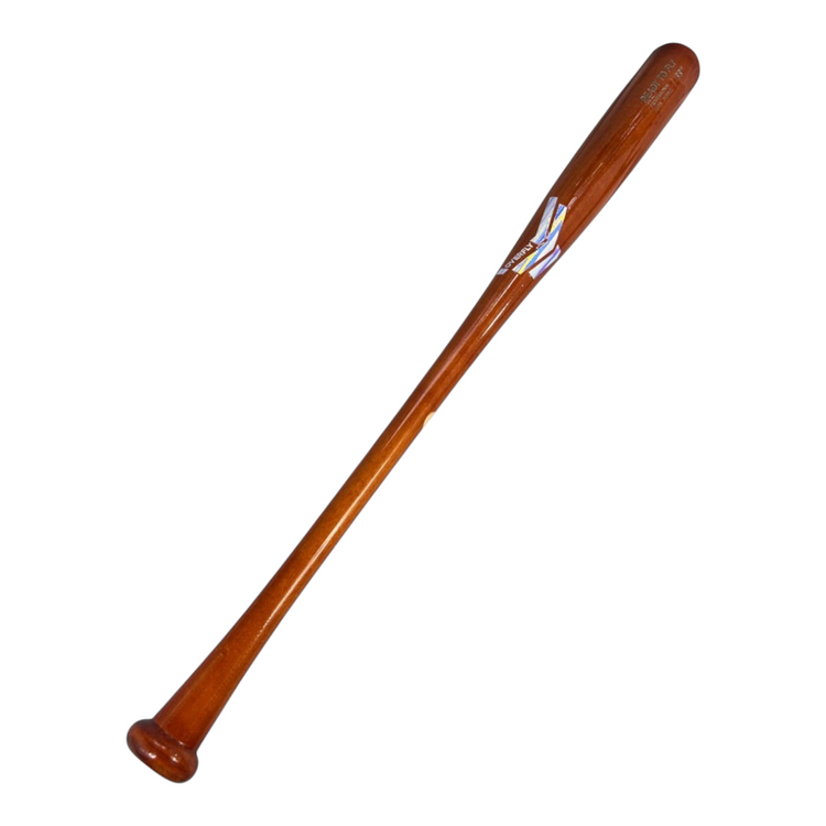 Bat de béisbol profesional Radach Sports Overfly de 33 pulgadas en madera barnizada con logotipo azul iridiscente.