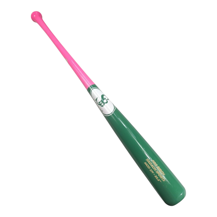 Bat de béisbol Radach Sports Santana Pro Birch 271 de 33.5 pulgadas en color rosa y verde, fabricado en madera.