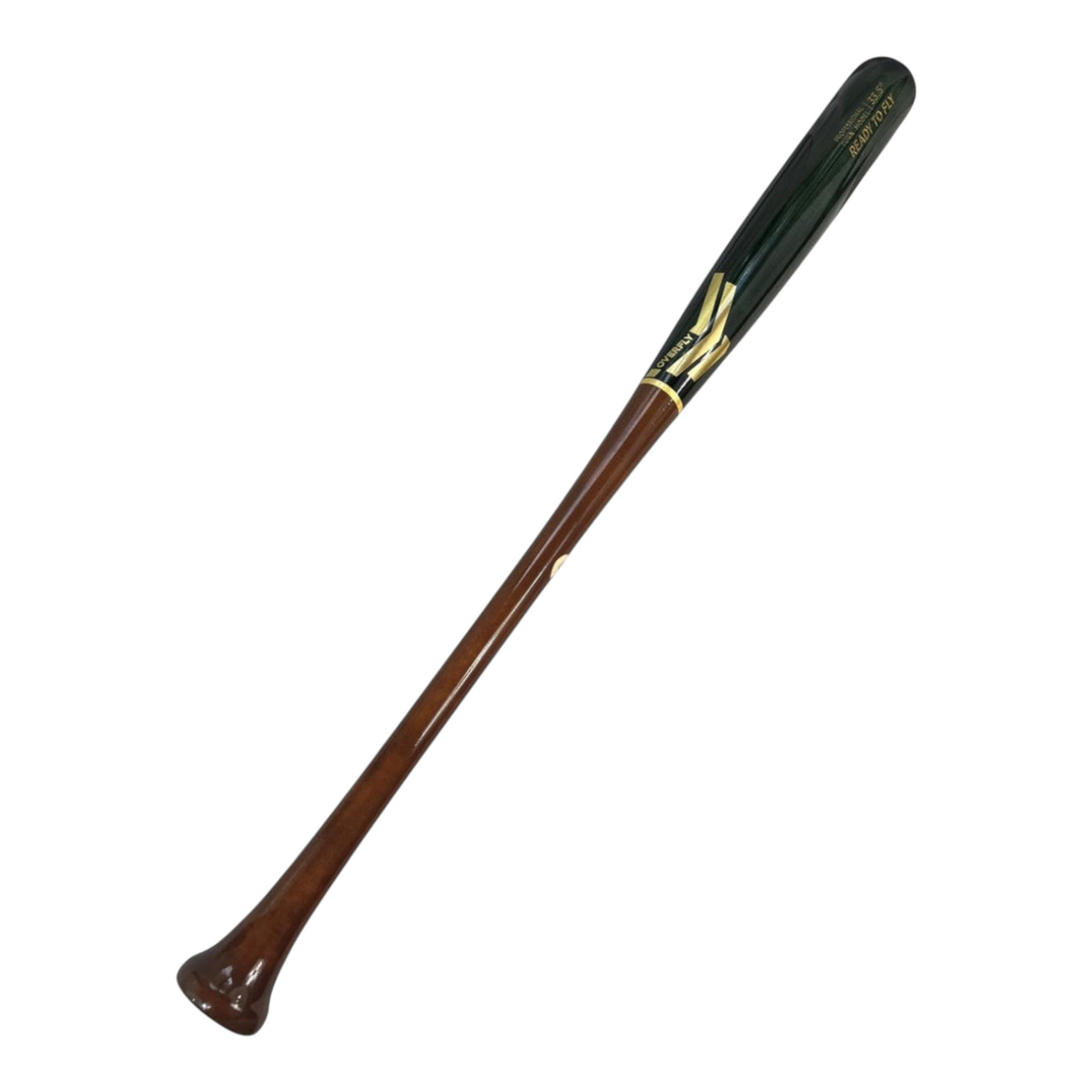 Bat de béisbol Radach Sports Overfly de madera profesional, 33.5 pulgadas, barril verde metálico y mango marrón.