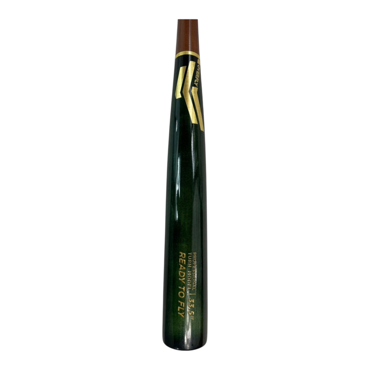 Bat de béisbol Radach Sports Overfly de madera profesional, 33.5 pulgadas, barril verde metálico y mango marrón.