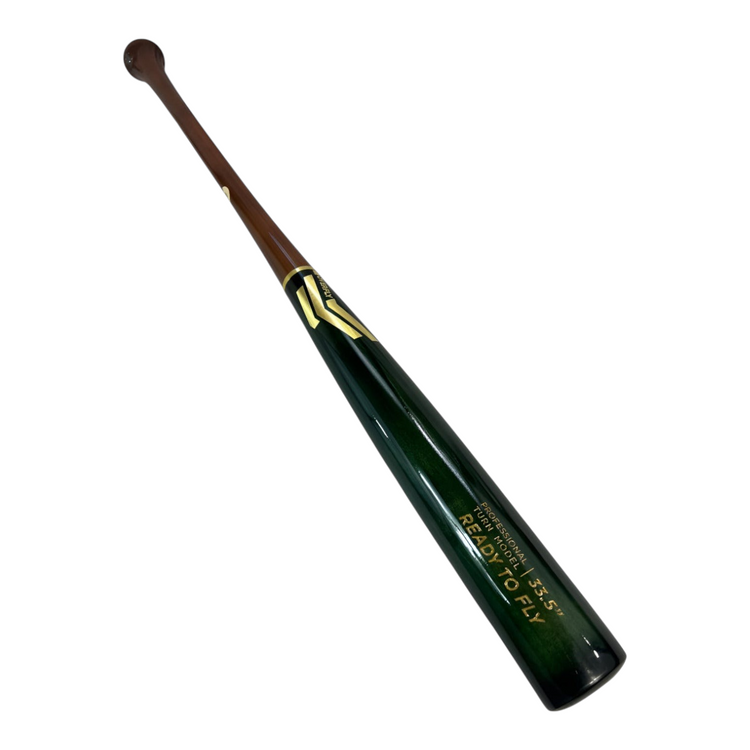 Bat de béisbol Radach Sports Overfly de madera profesional, 33.5 pulgadas, barril verde metálico y mango marrón.