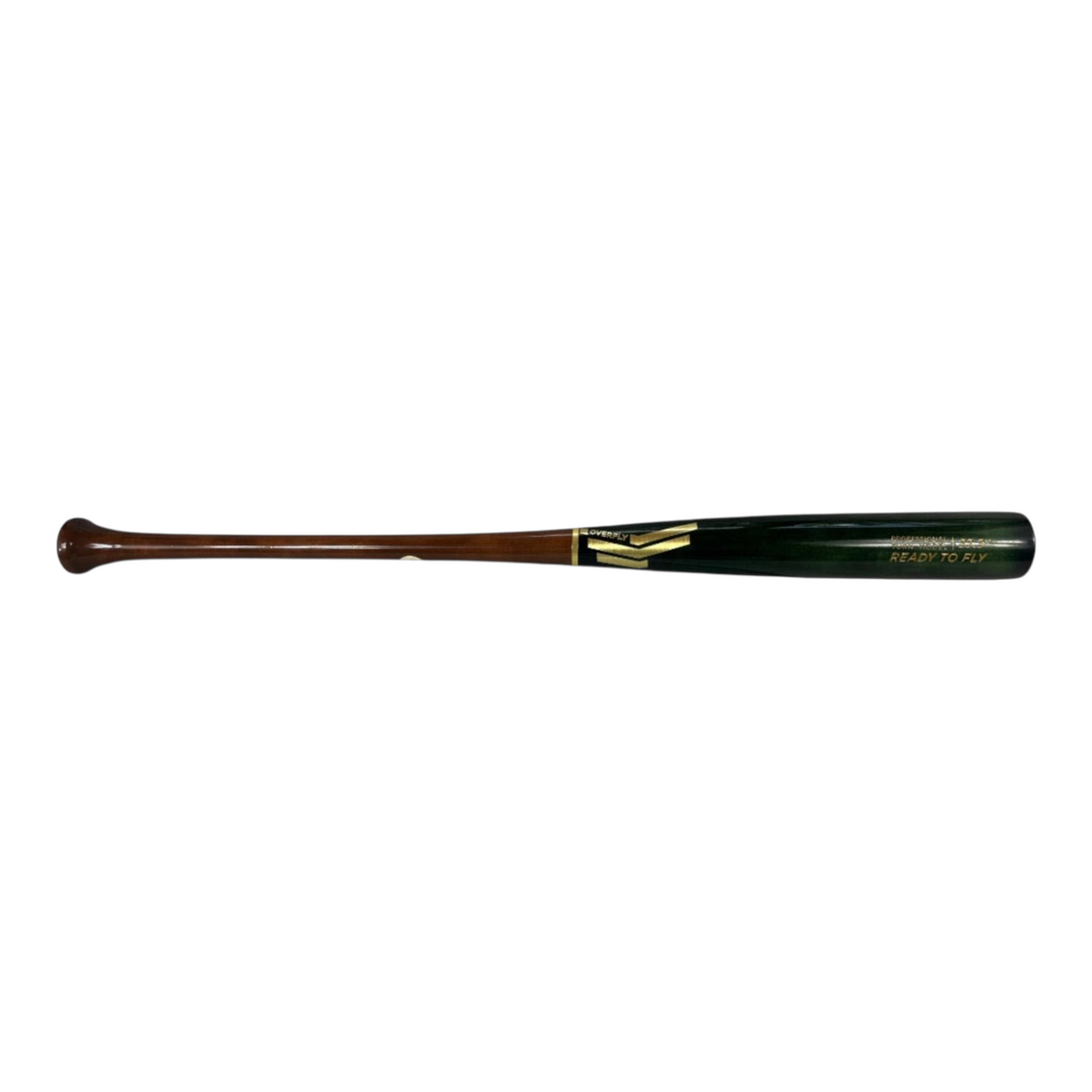 Bat de béisbol Radach Sports Overfly de madera profesional, barril verde metálico y mango marrón con grabado dorado.