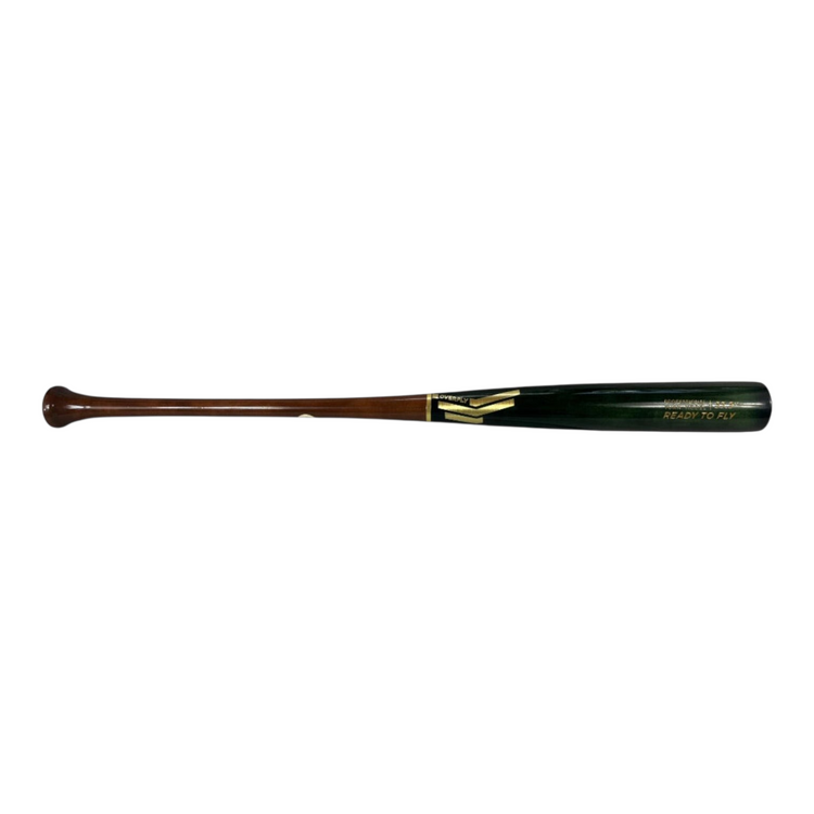 Bat de béisbol Radach Sports Overfly de madera profesional, barril verde metálico y mango marrón con grabado dorado.