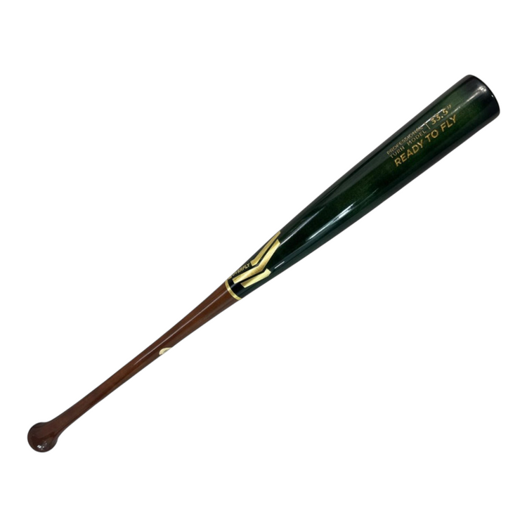 Bat de béisbol Radach Sports Overfly de madera profesional, 33.5 pulgadas, barril verde metálico y mango marrón.