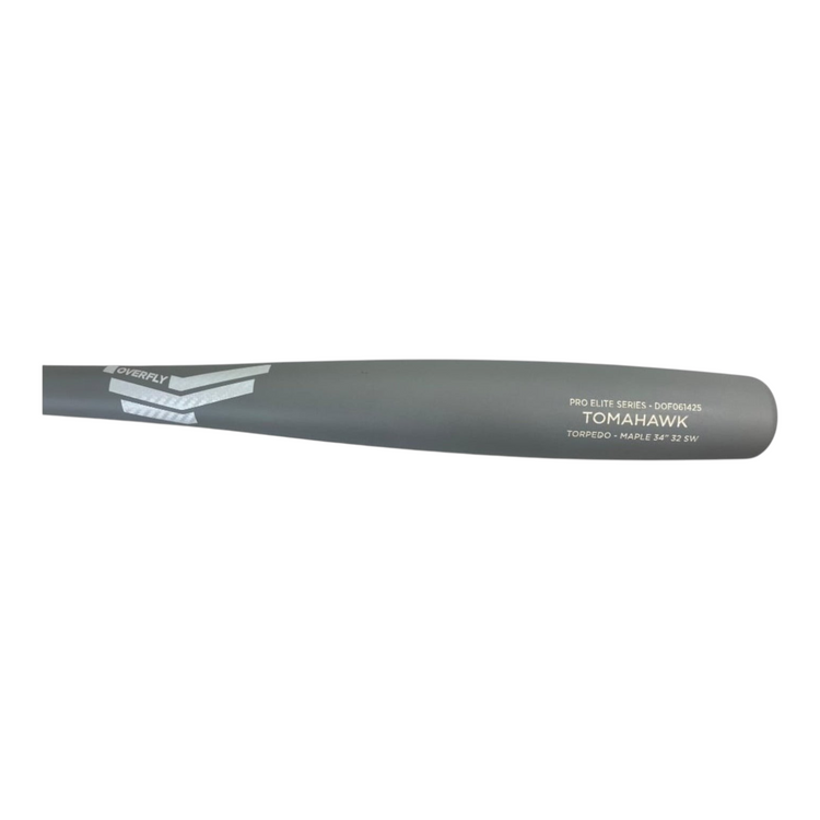 Bat de béisbol Radach Sports Overfly Tomahawk de maple en color gris mate con diseño torpedo de 34 pulgadas.