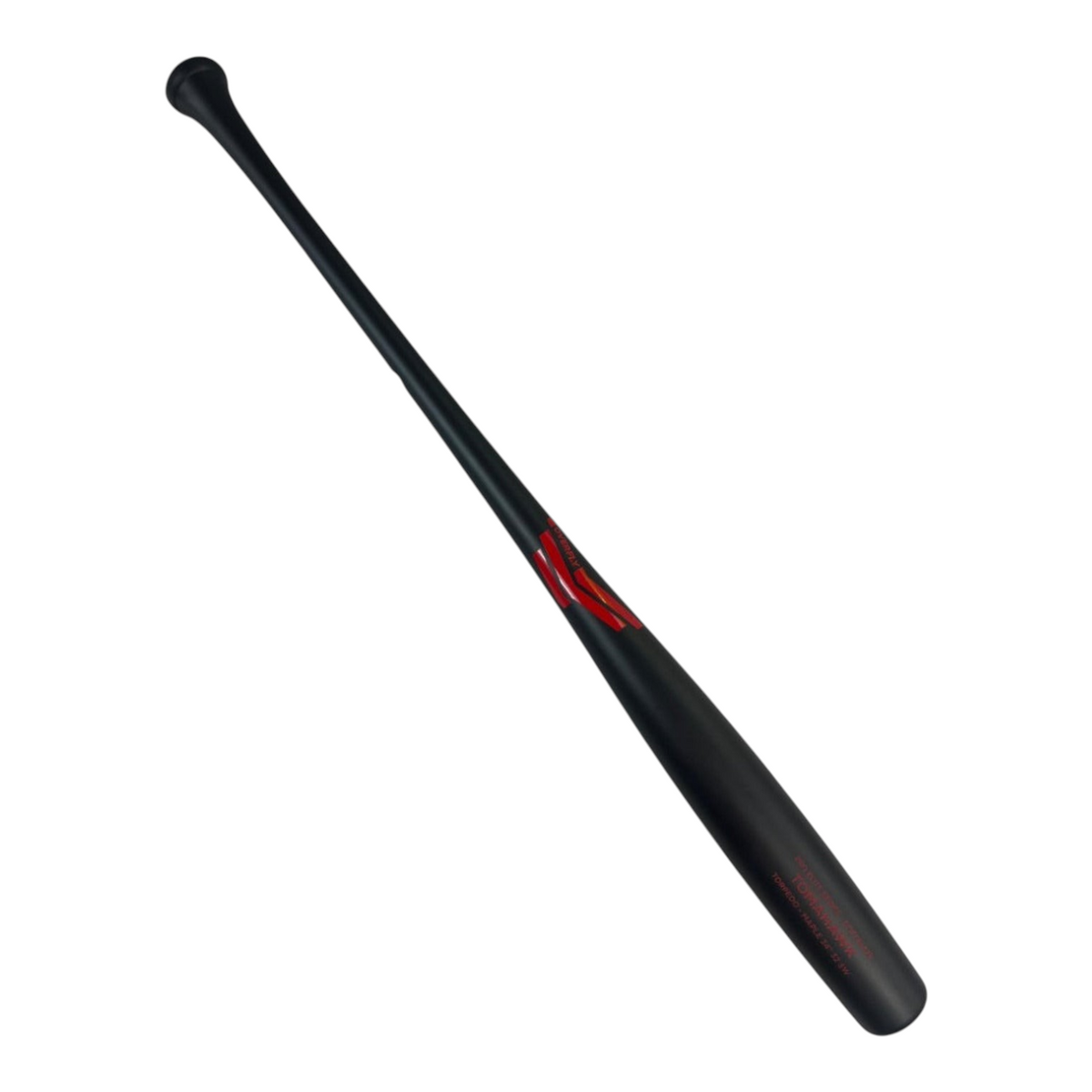 Bat de béisbol Radach Sports Overfly Tomahawk Torpedo de 34 pulgadas en madera de maple negro mate con detalles rojos.