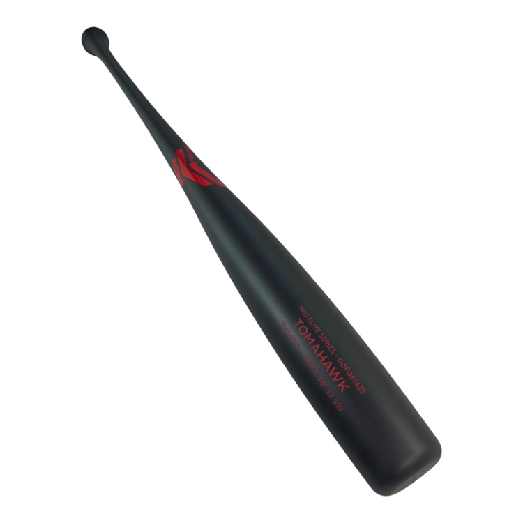 Bat de béisbol Radach Sports Overfly Tomahawk Torpedo de 34 pulgadas en madera de maple negro mate con detalles rojos.