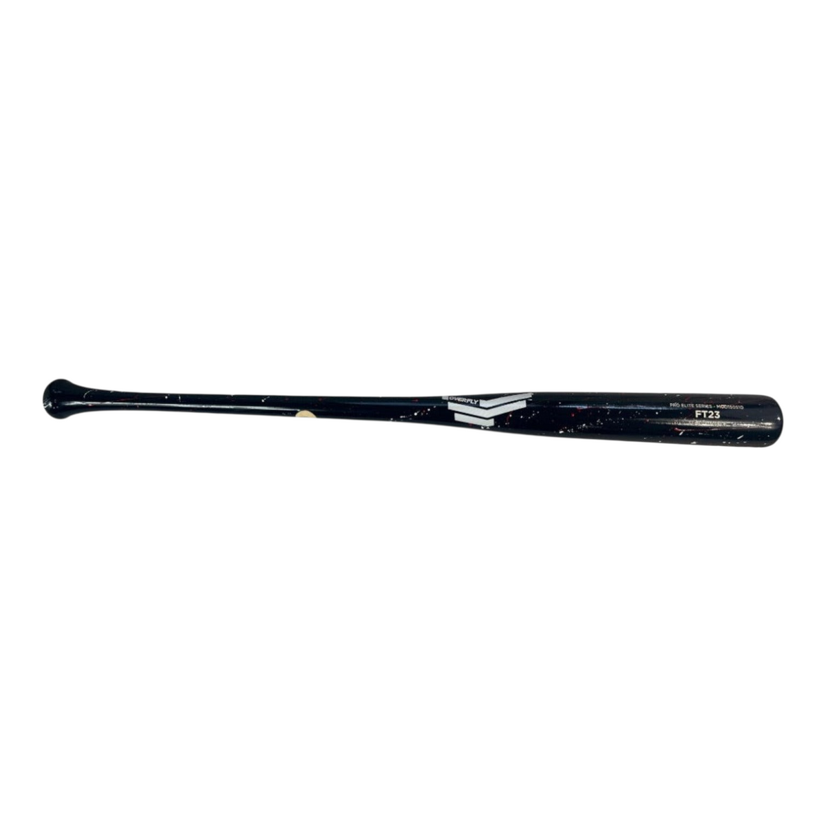 Bat de béisbol Radach Sports Overfly Pro Elite FT23 de madera de maple negra con salpicaduras rojas y blancas