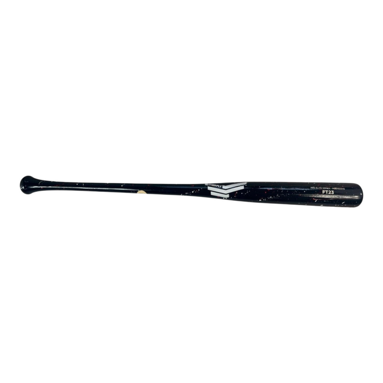 Bat de béisbol Radach Sports Overfly Pro Elite FT23 de madera de maple negra con salpicaduras rojas y blancas