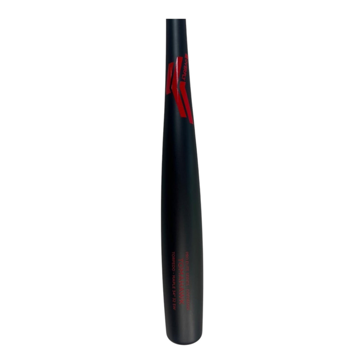 Bat de béisbol Radach Sports Overfly Tomahawk Torpedo de 34 pulgadas en madera de maple negro mate con detalles rojos