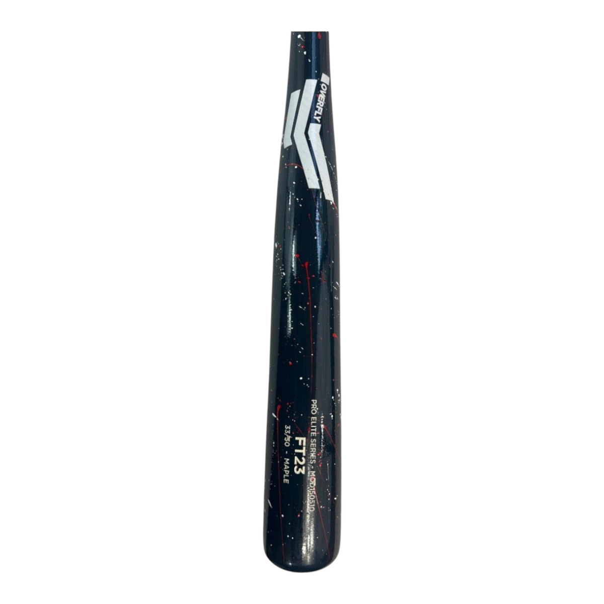 Bat de béisbol Radach Sports Overfly Pro Elite FT23 de madera de maple negra con salpicaduras rojas y blancas