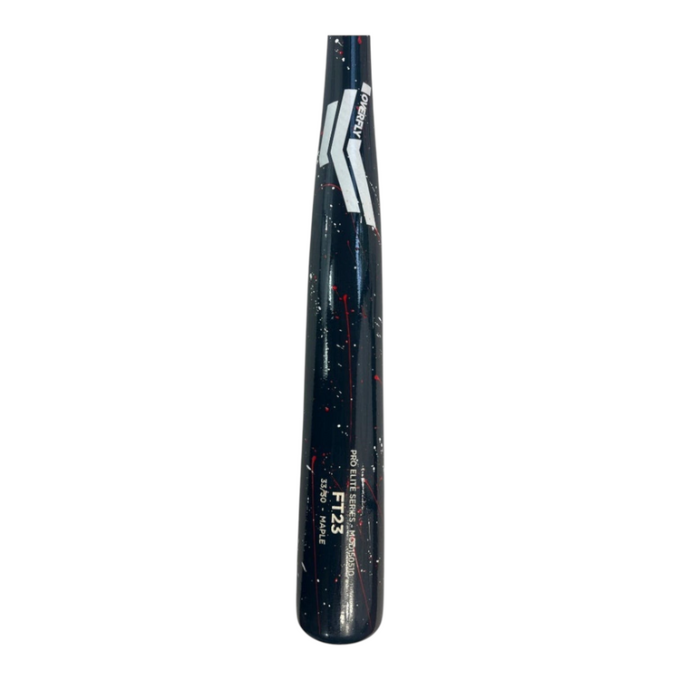 Bat de béisbol Radach Sports Overfly Pro Elite FT23 de madera de maple negra con salpicaduras rojas y blancas