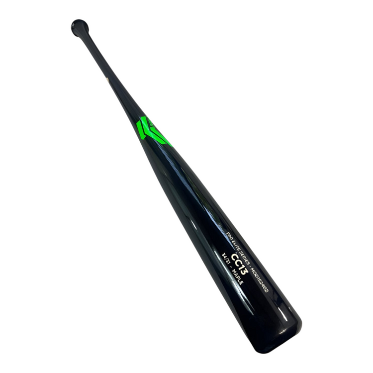 Bat de béisbol Radach Sports Overfly CC13 de madera de maple negro con detalles verde neón, serie Pro Elite.