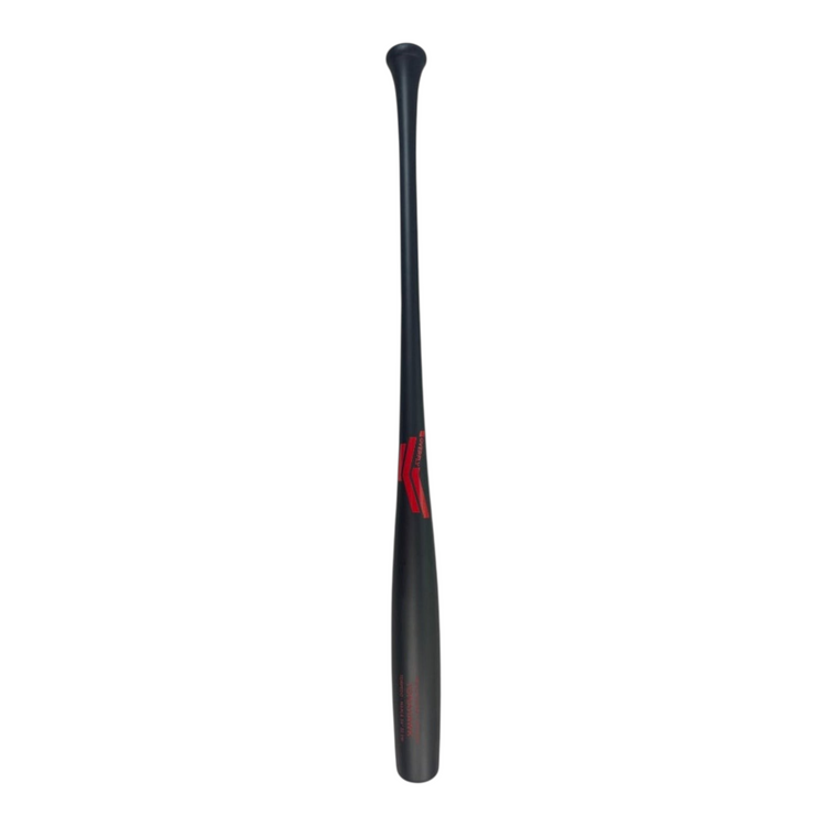 Bat de béisbol Radach Sports Overfly Tomahawk Torpedo de 34 pulgadas en madera de maple negro mate con detalles rojos.