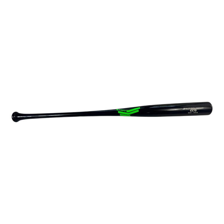 Bat de béisbol Radach Sports Overfly CC13 Pro Elite de madera de maple negra con detalles en verde neón