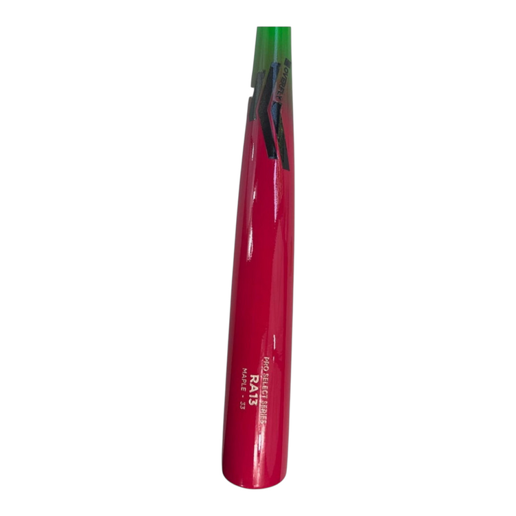 Bat de beisbol Radach Sports Overfly RA13 de madera maple, diseño en color verde neón y rosa eléctrico de 33 pulgadas.