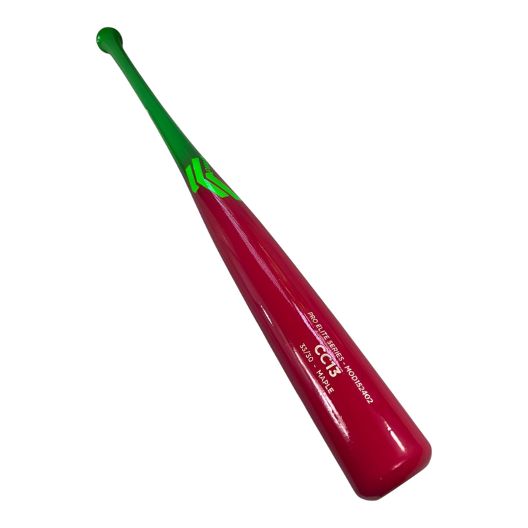 Bat de béisbol Radach Sports Overfly CC13 de madera de maple, color rosa y verde, 33 pulgadas, acabado brillante.