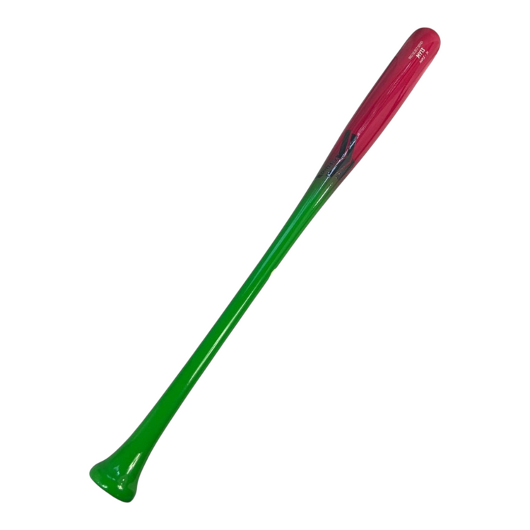 Bat de béisbol Radach Sports Overfly MY13 de madera de maple, color rosa brillante con mango verde neón, 34 pulgadas.