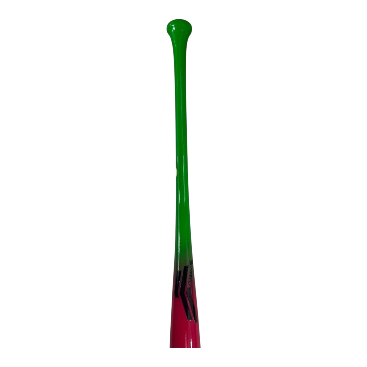 Bat de béisbol Radach Sports Overfly MY13 de madera de maple, color rosa brillante con mango verde neón.