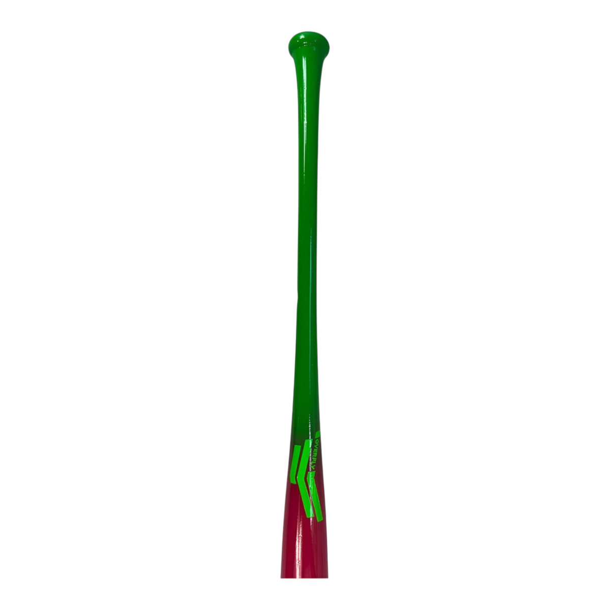 Bat de béisbol Radach Sports Overfly CC13 de madera de maple, 33 pulgadas, diseño bicolor en rosa y verde brillante.
